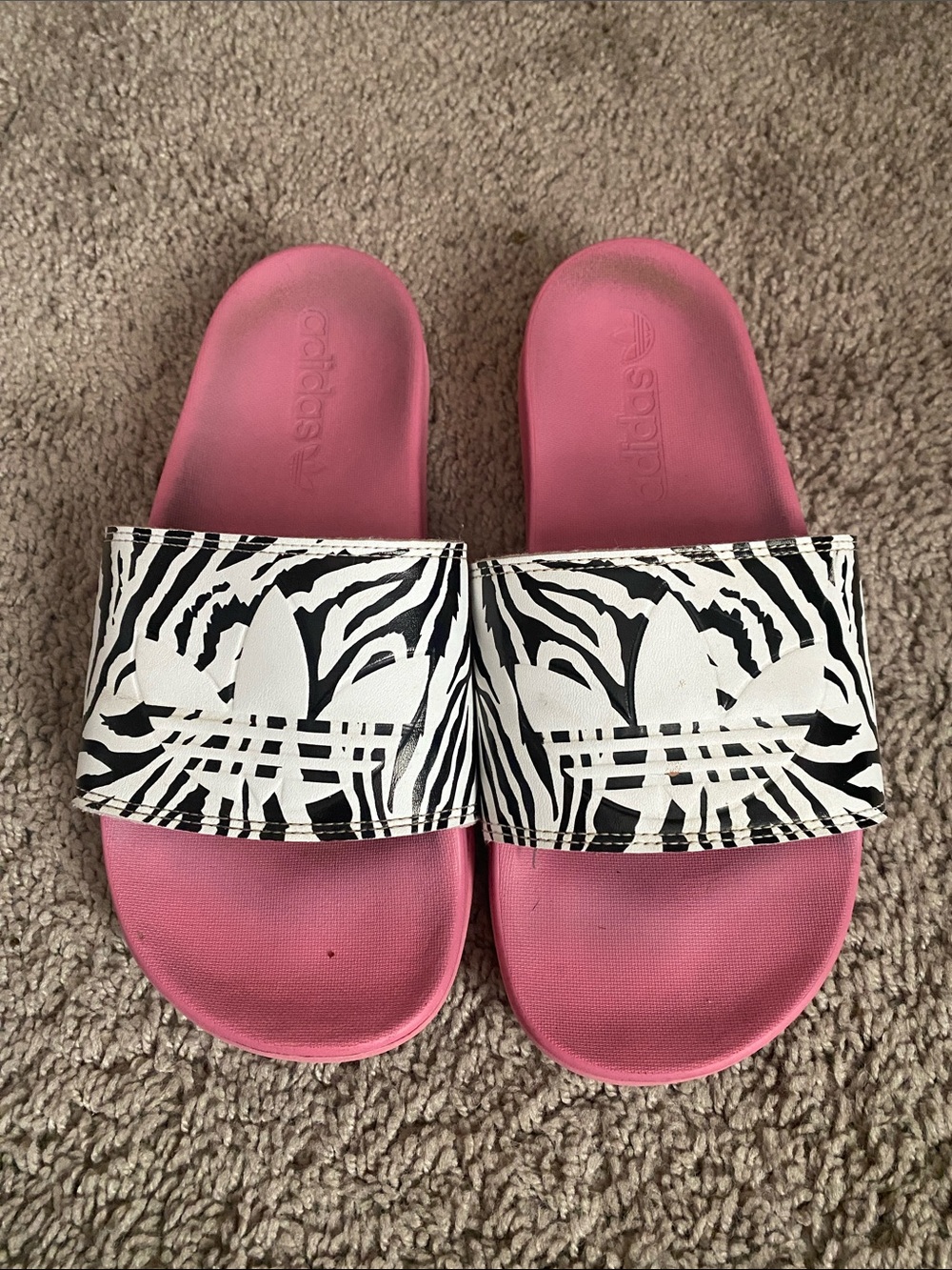 Adidas Pink Footbed Slide Sandals with Black & White Zebra Strap SZ 7